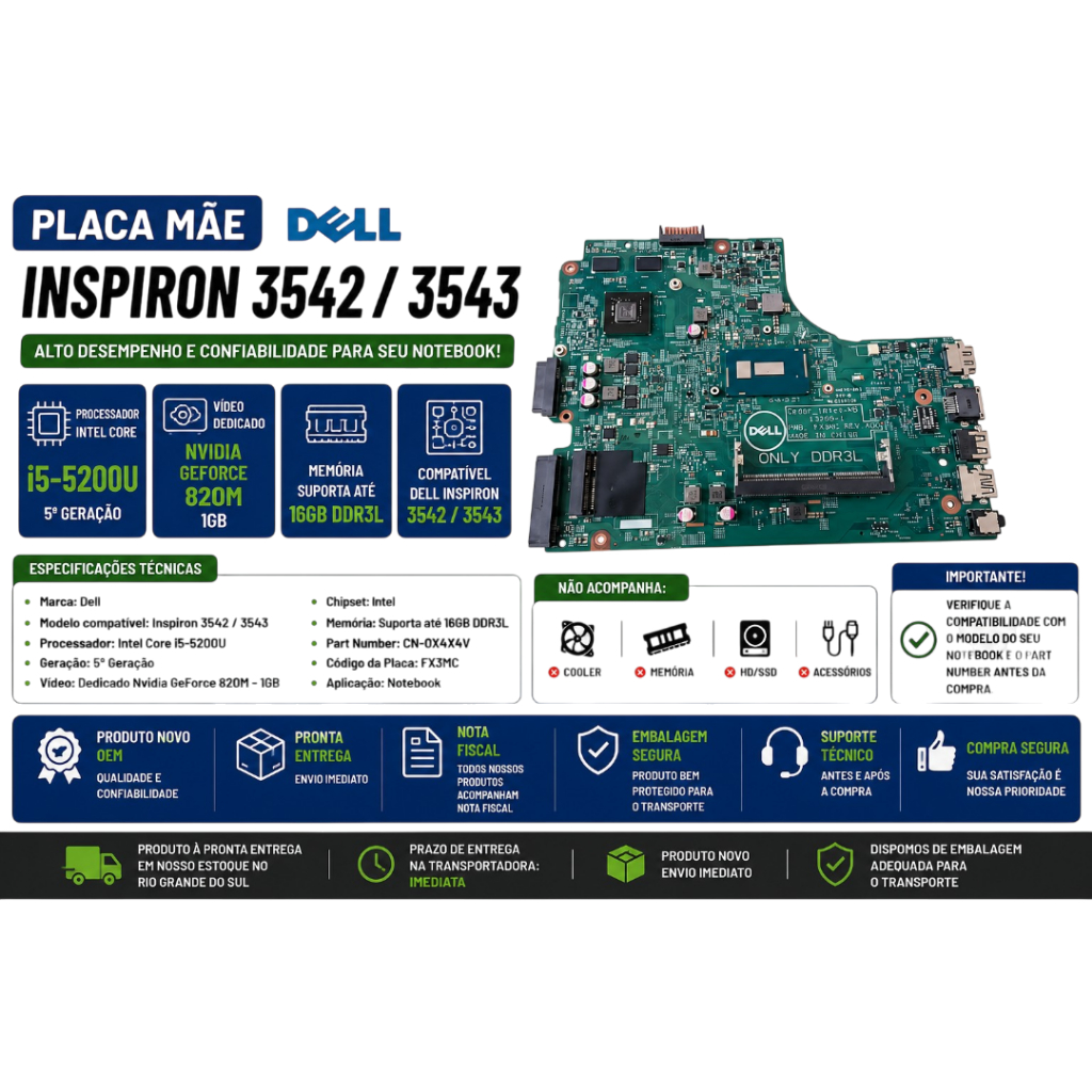 Placa Mãe Notebook Dell Inspiron 3442 3443 3542 3543 Core i5-5200U Ded Nvidia 820M CN-0X4X4V FX3MC