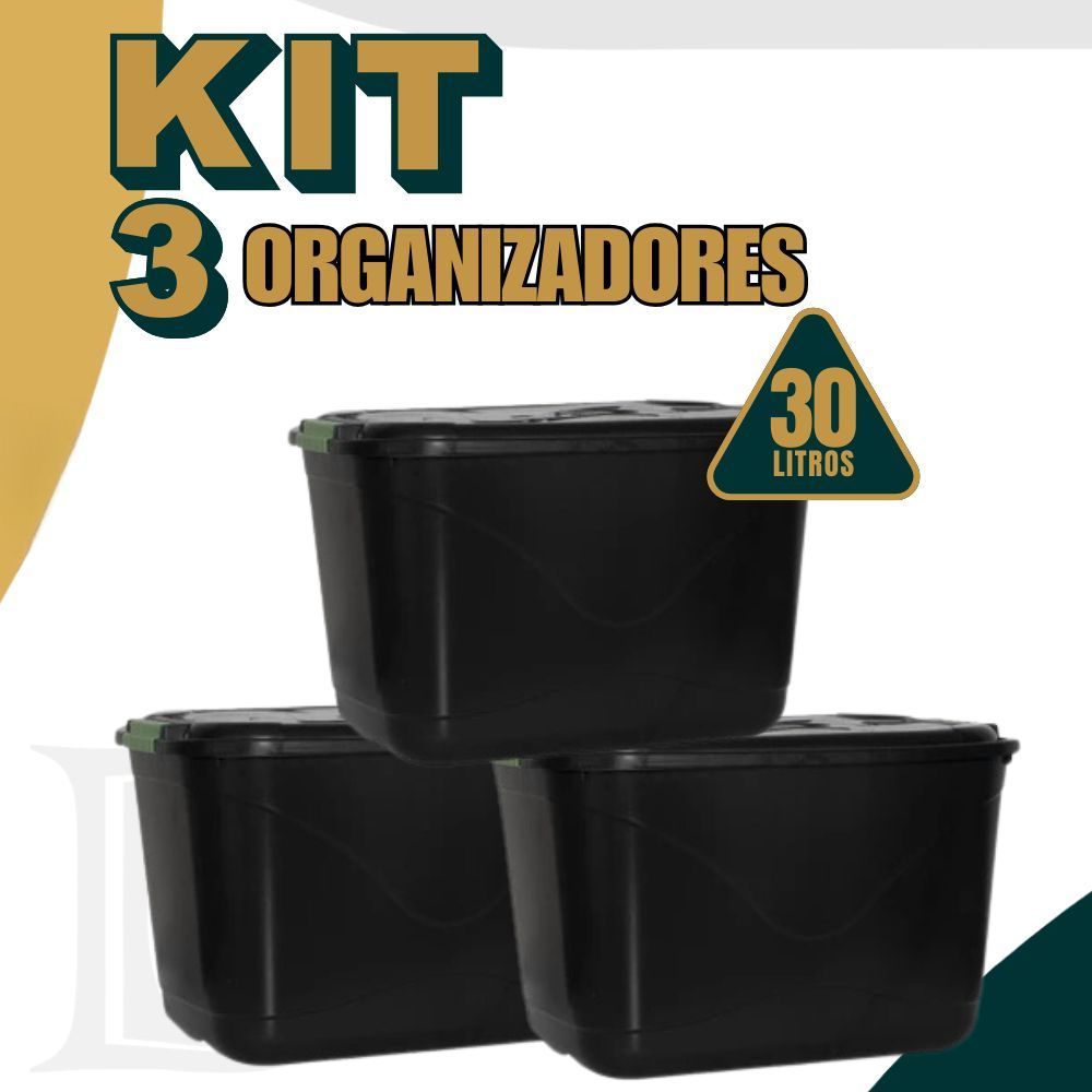 Kit 3 Caixas Organizadora C/ Tampa e Trava 30L Cestos Organizadora  Grande para Brinquedos e Multiuso