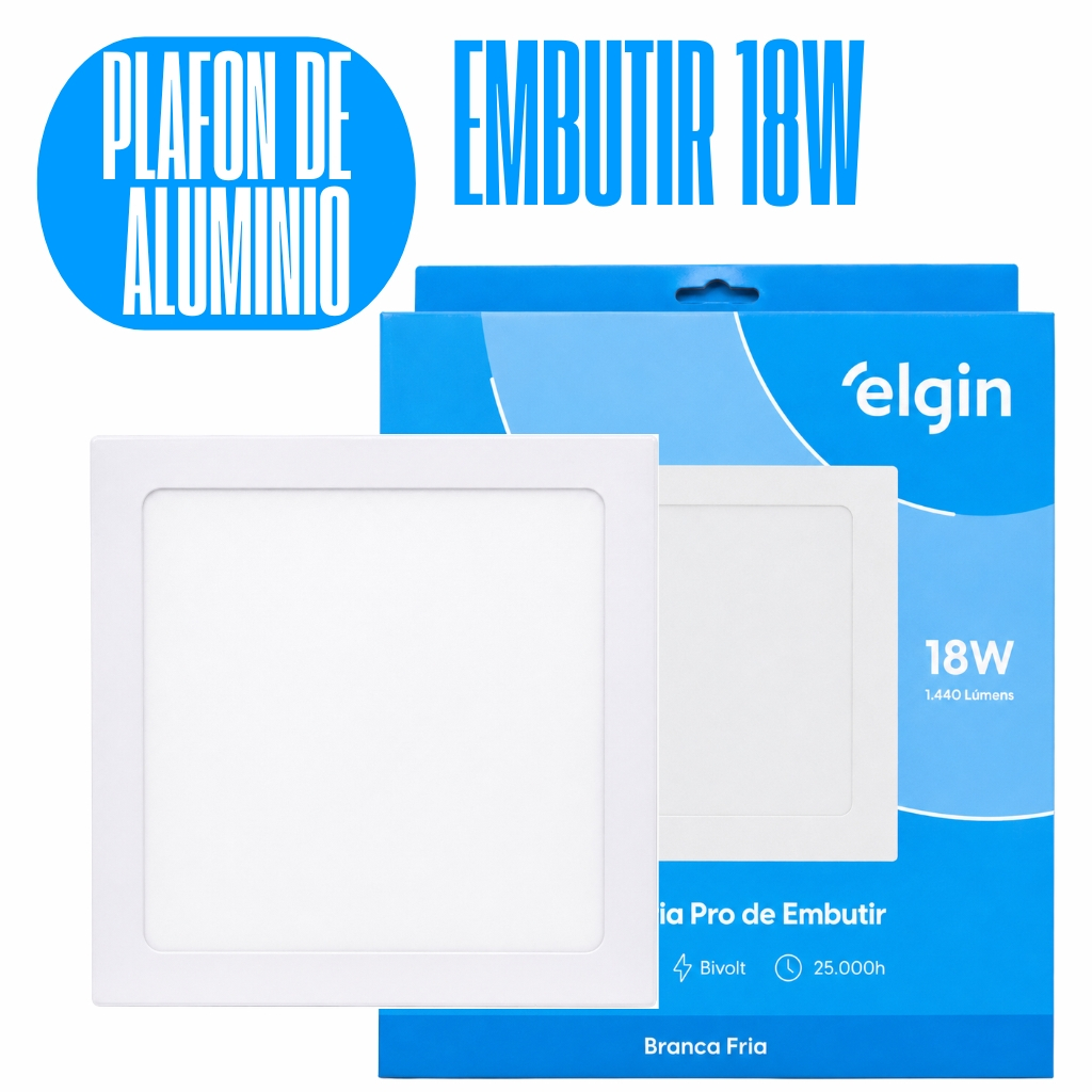 Luminária Painel Plafon Pro Slim ALUMINIO Embutir Quadrado Led 18w 21x21 6500k Bivolt - ELGIN