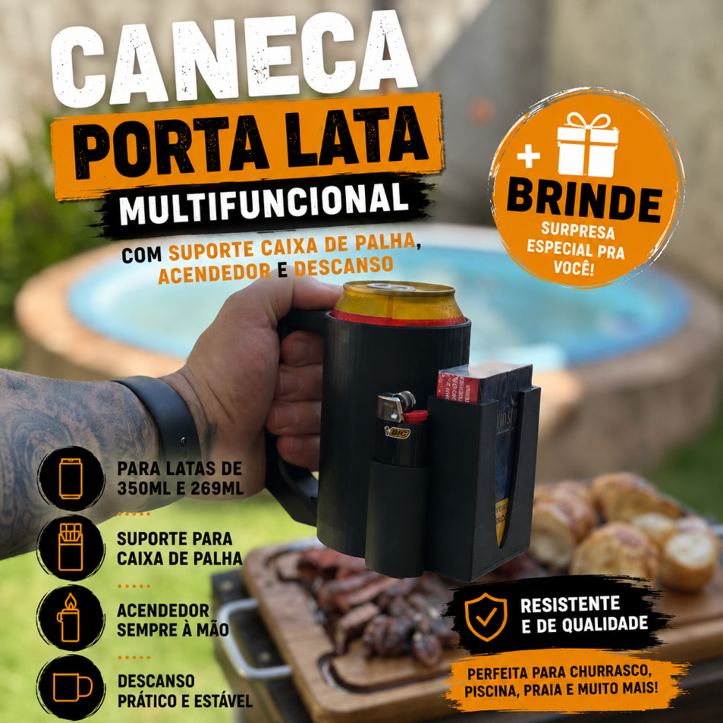 Caneca Porta Lata Multifuncional Para Copa c/ Suporte Caixa de Palha, Acendedor e Descanso + BRINDE