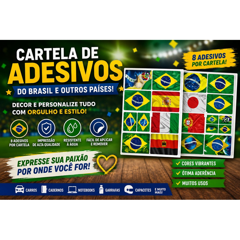 Cartela De Adesivos Do Brasil | Com 8 Adesivos Cada Cartela | Bandeira Do Brasil E Outros Países | 10x8cm Cada Adesivo