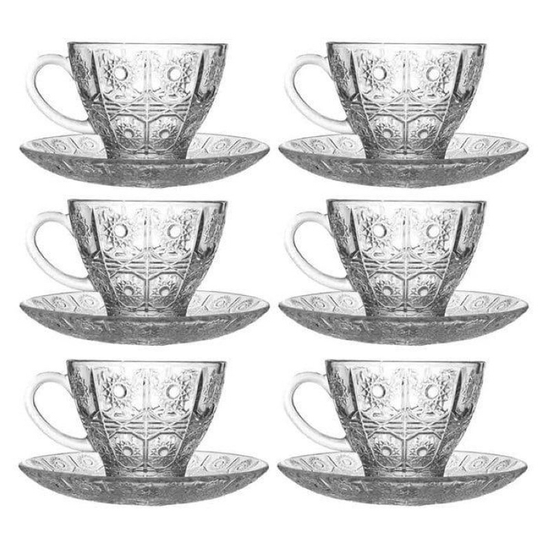 Jogo De Xícaras E Pires Em Vidro 6 Xícaras e 6 Pires Para Chá Café 220ml - Boêmia