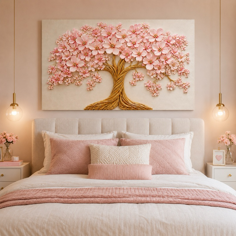 Quadro Decorativo Grande 1,10 CM x 70 CM Árvore da Vida Rosa e Dourado Grande Para Sala Luxo