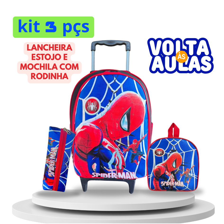 Kit Mochila escolar Homem-Aranha com Lancheira e Estojo - Rodinha - Menino - Masculino-Refosado