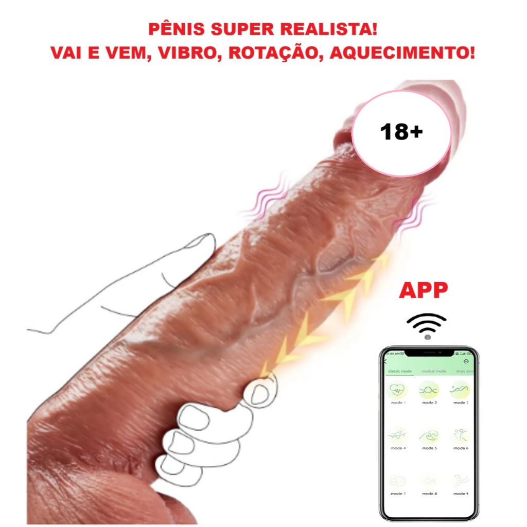 Pênis Realista Grande C/ Vai e Vem, Aquecimento, Vibrações, Ventosa Forte Glande Saliente, Testículos, Veias, Silicone