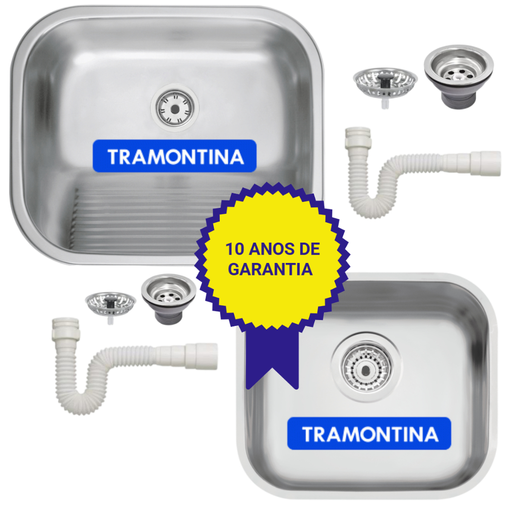 Tanque Tramontina 50x40 Acetinado  e Cuba Acetinada 40x34x17 Prime Luxo com Dois Sifões de Brinde