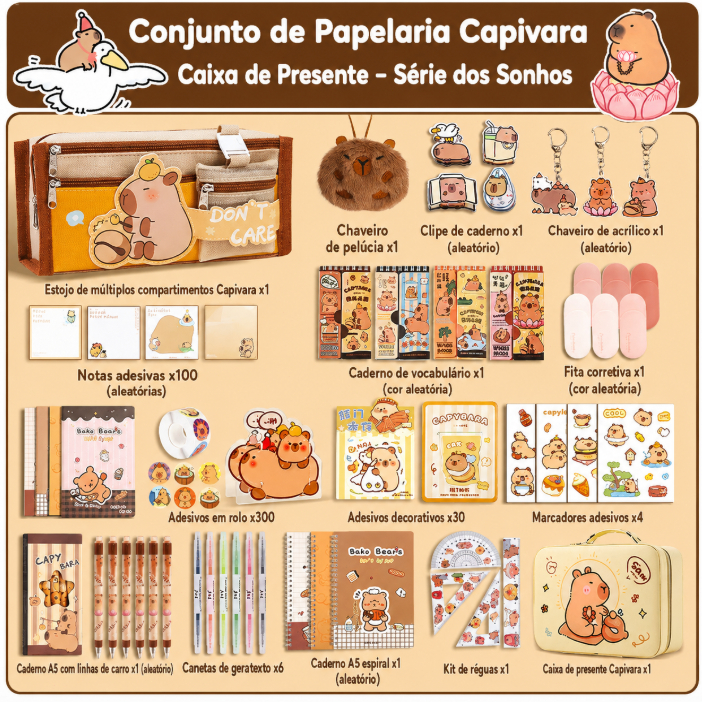 Caixa de presente Capivara material escolar de papelaria 458 peças + caixa de presente OIA-8280