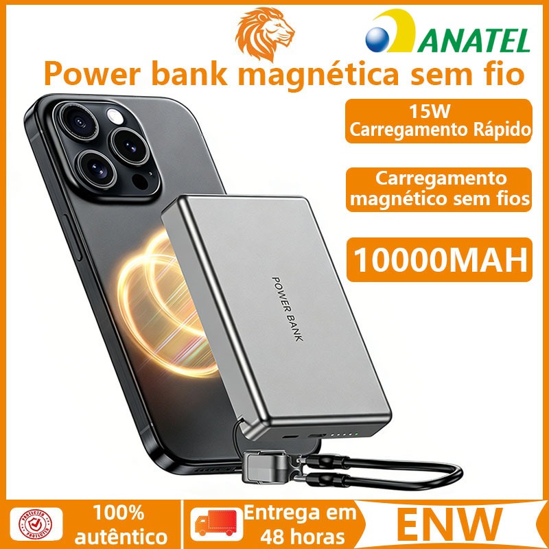 Carregador Portátil 10000mAh PD15W Carregamento Super Rápido Ultradelgado Sem Fios Magnético Display LED