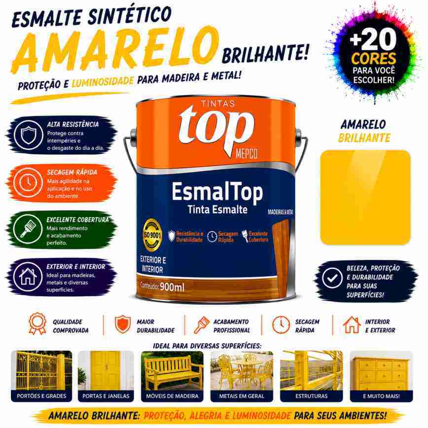 Esmalte Sintético MEPCO 900ml – Amarelo Brilhante | Proteção e Luminosidade para Madeira e Metal