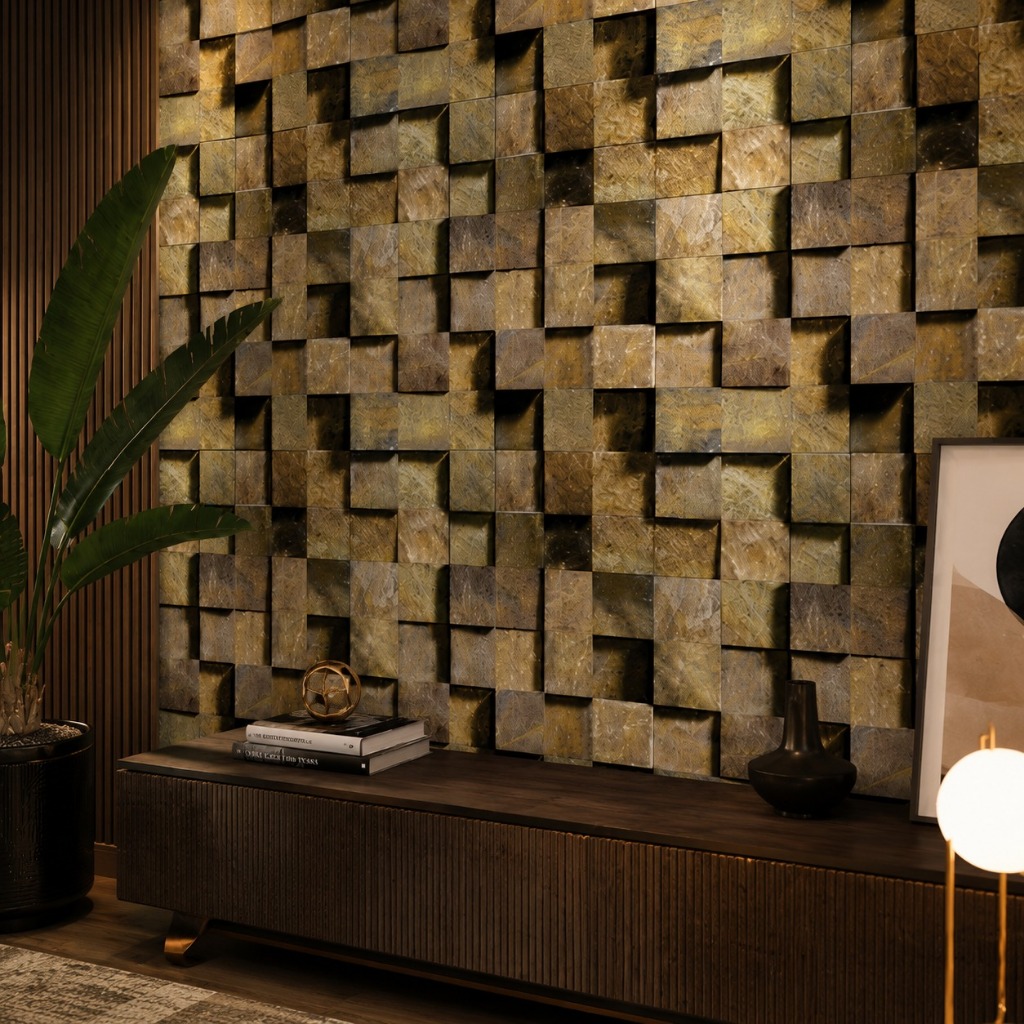Papel de Parede Adesivo Mosaico Escuro Pedra 3D Vinil Adesivo Lavável Moderno Relevo Geométrico Luxo