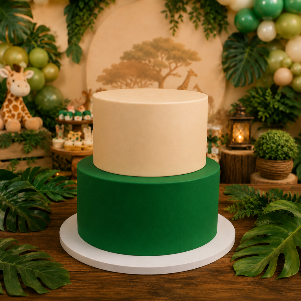 Bolo Fake Safari Verde Bandeira e Bege 2 Andares em Isopor e EVA Festas Decoração