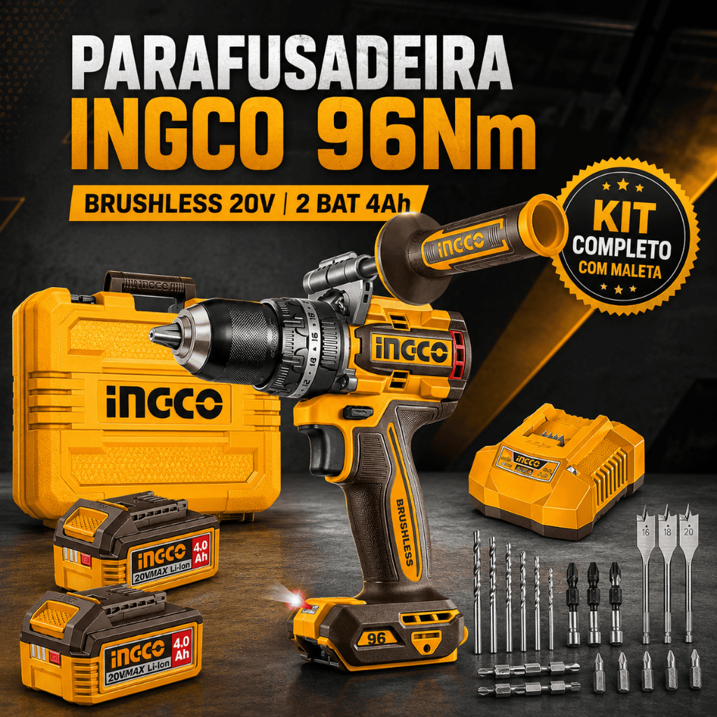 Parafusadeira Furadeira Impacto Ingco 20V Brushless 96Nm 2 Baterias Maleta Acessórios CIDLI209686-9