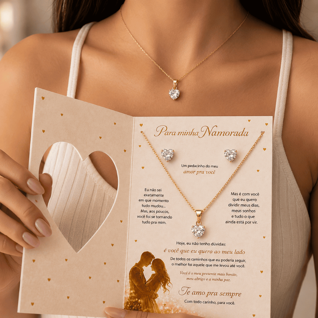 Colar e Brinco Feminino Dourado com Cartão Dia dos Namoras Noiva Mulher Esposa Presente Perfeito — imagem 2 de 2