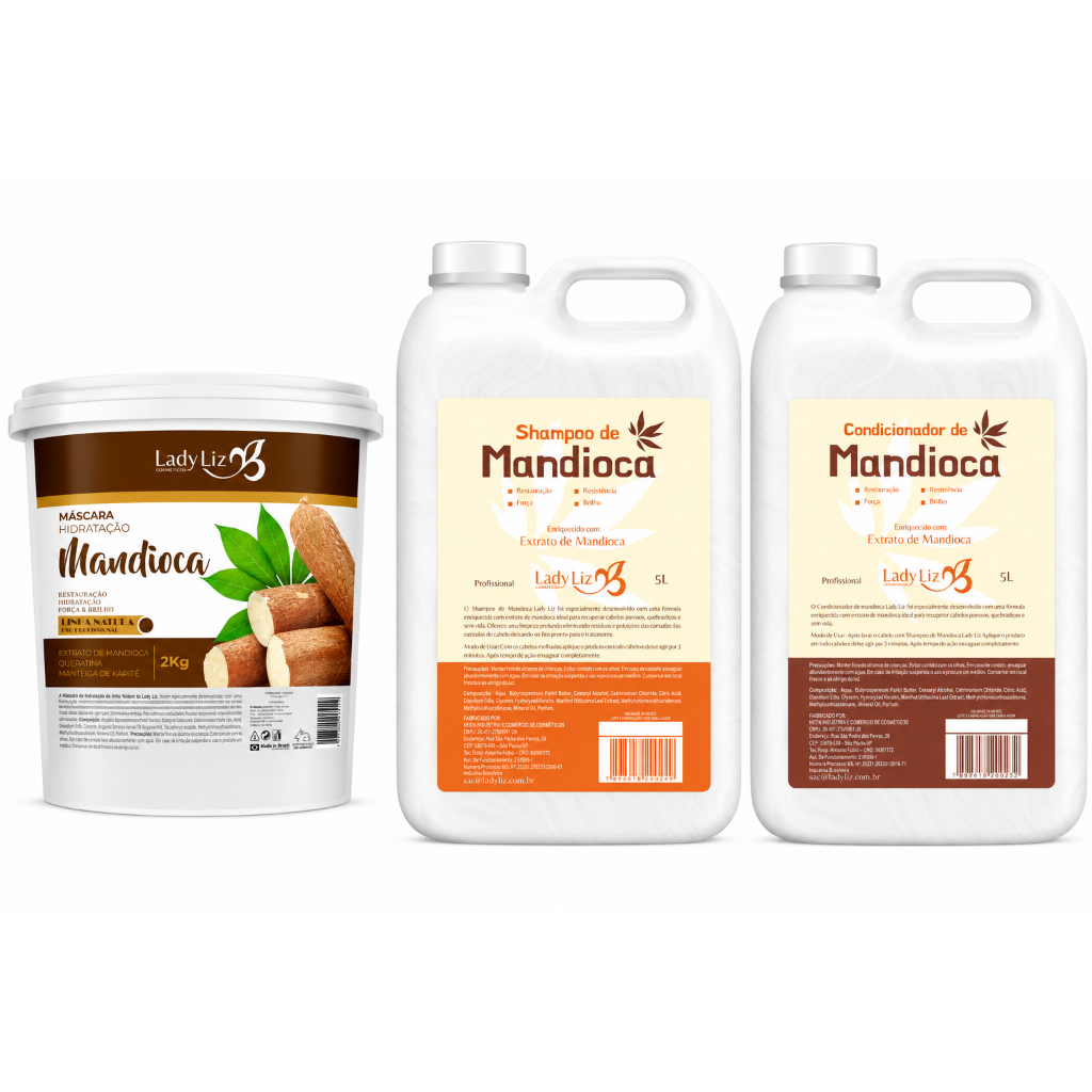 Kit Lady liz Mandioca Crescimento Shampoo e Condicionador 5lt + Máscara 2kg