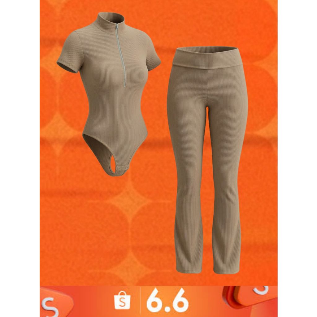 Conjunto Body Zíper Manga curta  Gola Alta e Calça Flare  Moda Fitnes Feminina Outono Inverno
