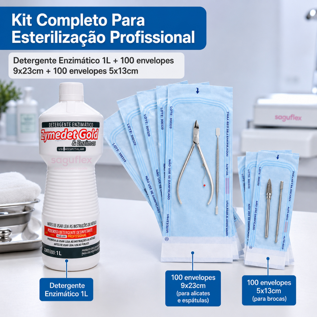 Detergente Enzimático 1L + 100 Envelope Para Esterilização 9x23cm manicure kit 5x13cm autoclave