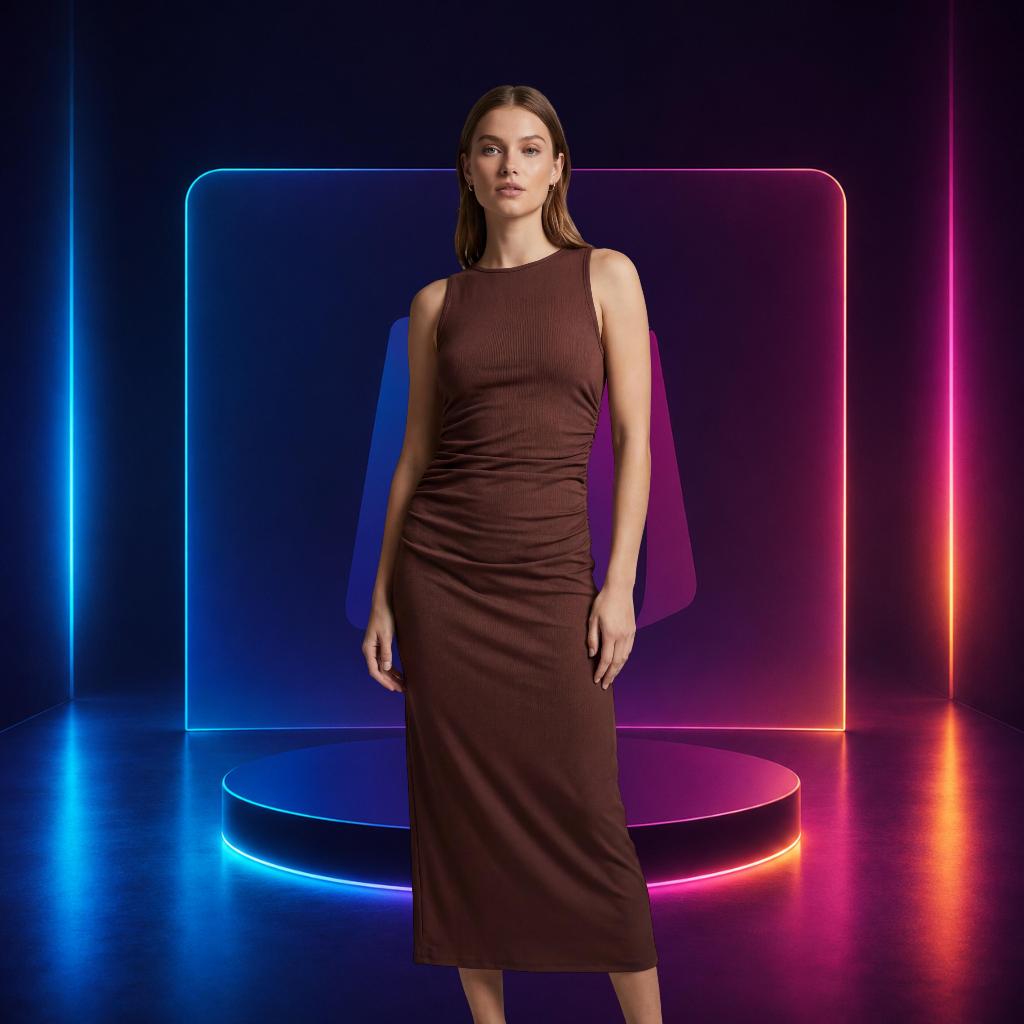 Vestido Longo Drapeado Lateral disponível na Cor Marrom Café - Achadinhos da Dre