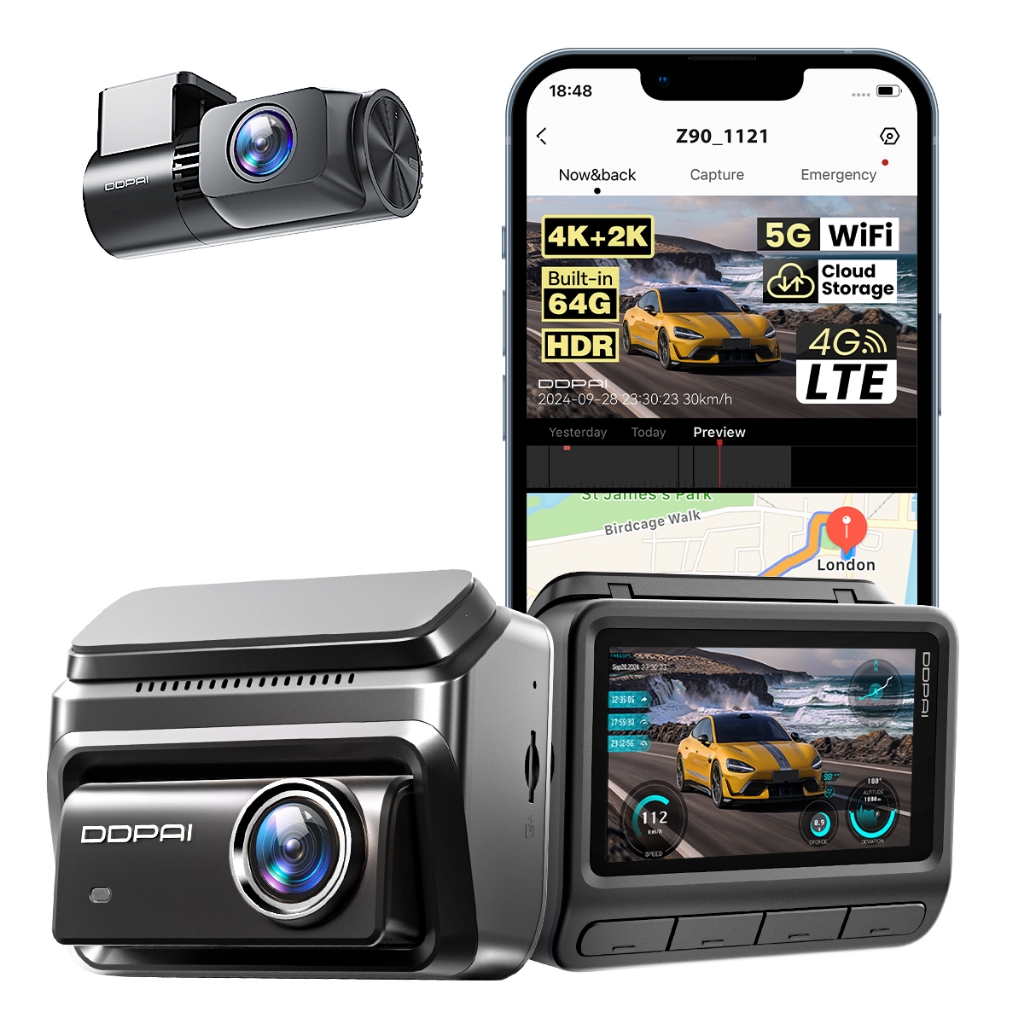 DDPAI Z90 4K+2K Câmera Veicular com eMMC de 64 GB Visão Noturna Suporte Monitoramento Remoto GPS ADAS WiFi 3" Tela