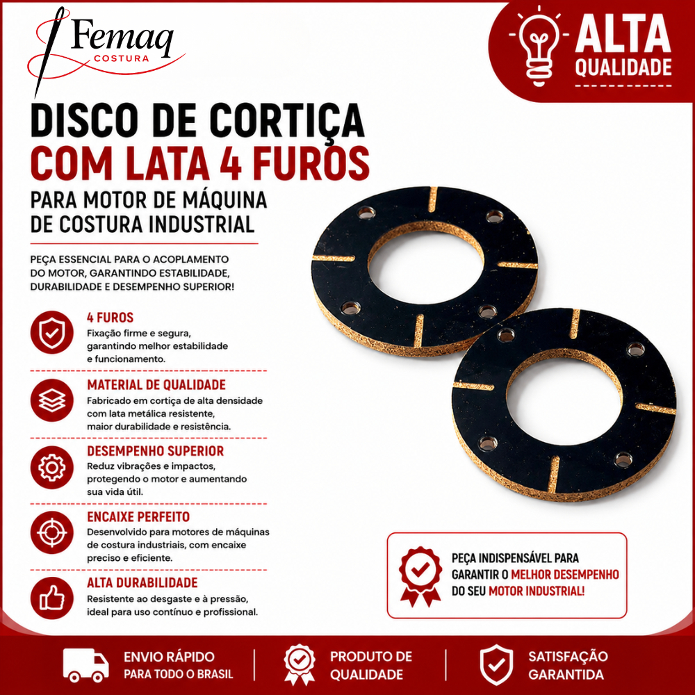 Disco de Cortiça com Lata 4 Furos para Motor de Máquina de Costura Industrial