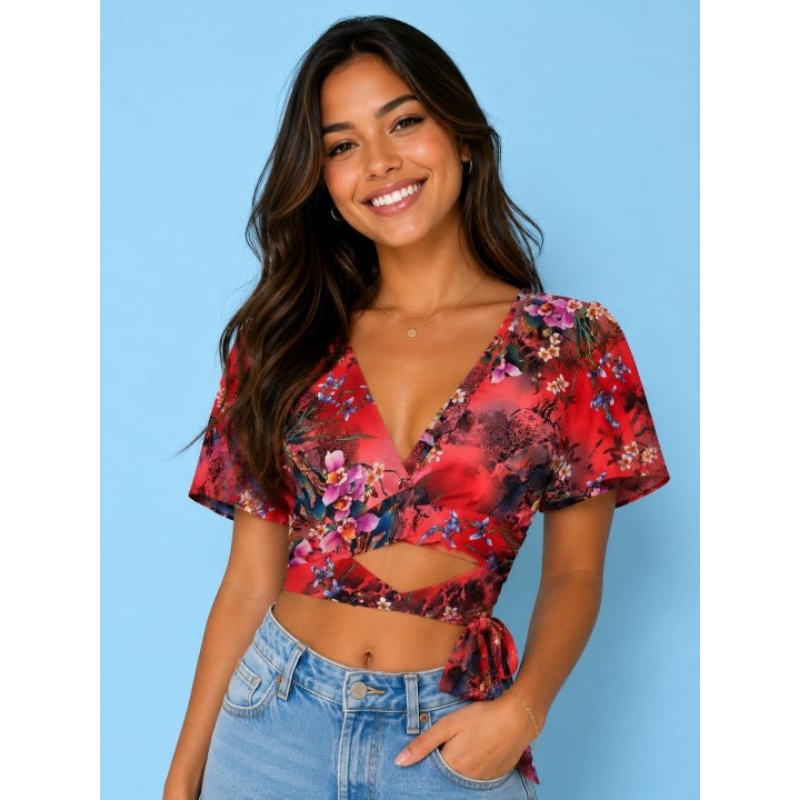 Cropped Feminino Transpassado Floral Vermelho – Manga Curta