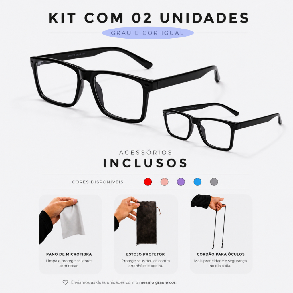 Kit 2 Óculos de Grau Retangular + Acessórios com Conforto Visual para Leitura, Trabalho, Descanso de Vista