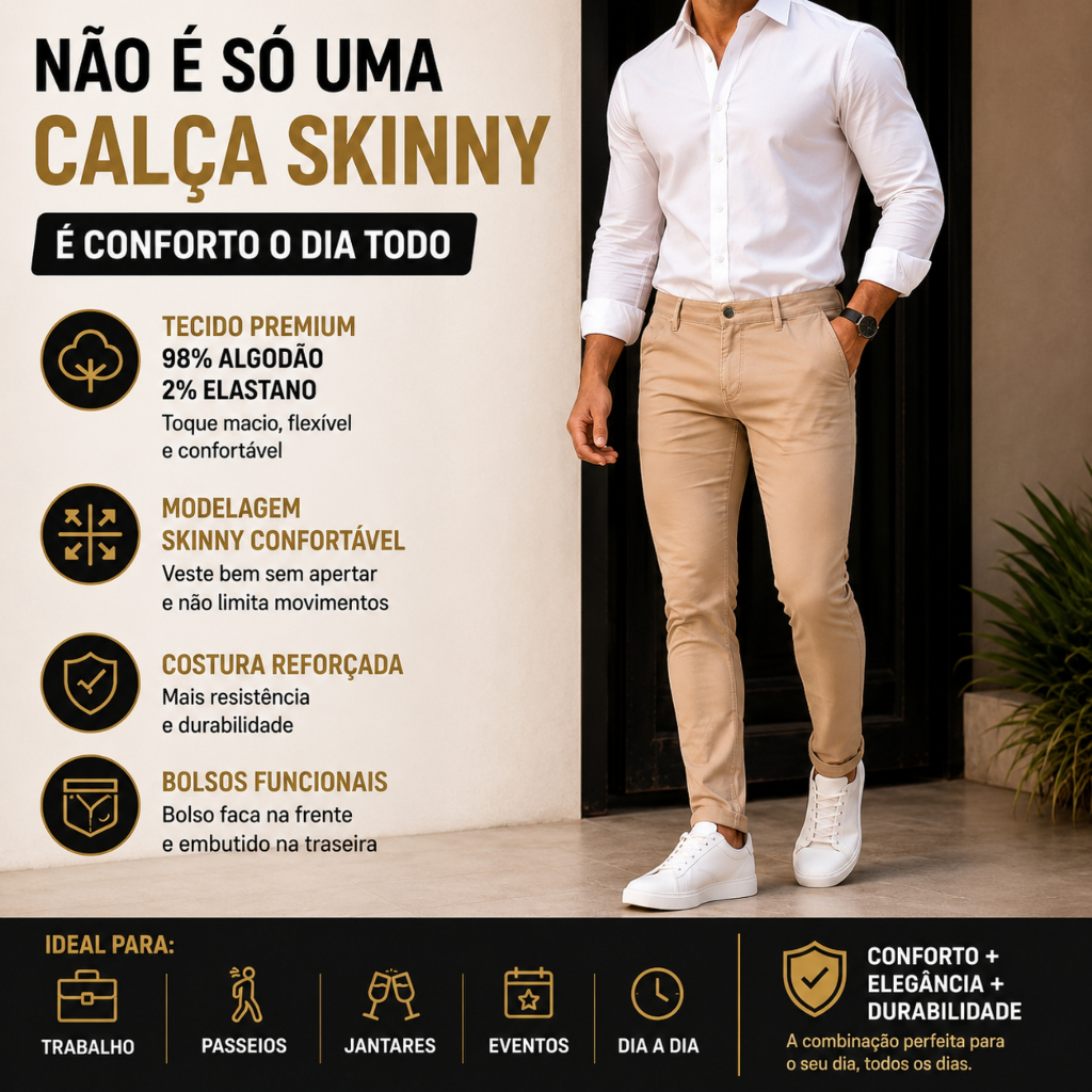 Calça de Sarja Masculina com Lycra Elastano Slim Alfaiataria Esporte Fino Bolso Embutido Faca — imagem 2 de 2