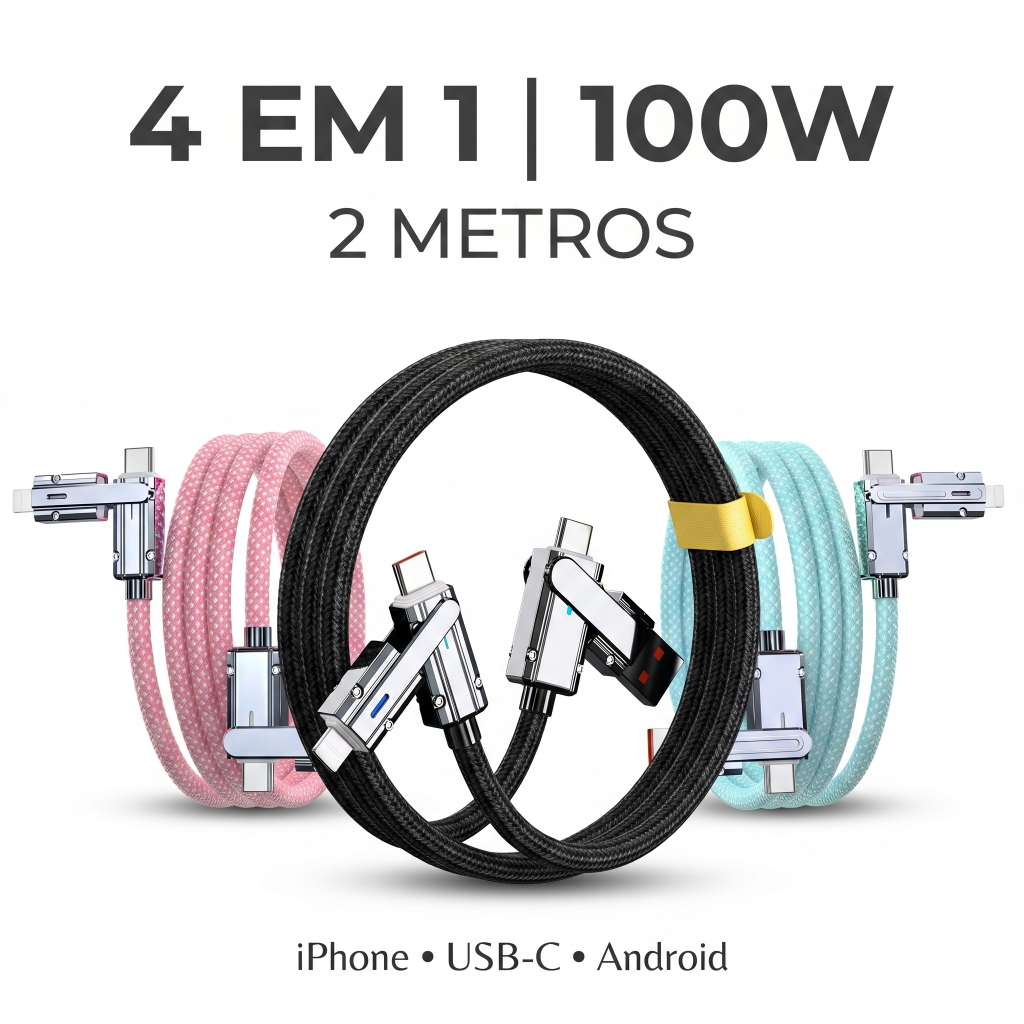 Cabo de Carregamento 100W Turbo Rápido 4 Em 1 Celular 480 MPS Type-C USB-C iPhone Android 2 Metros