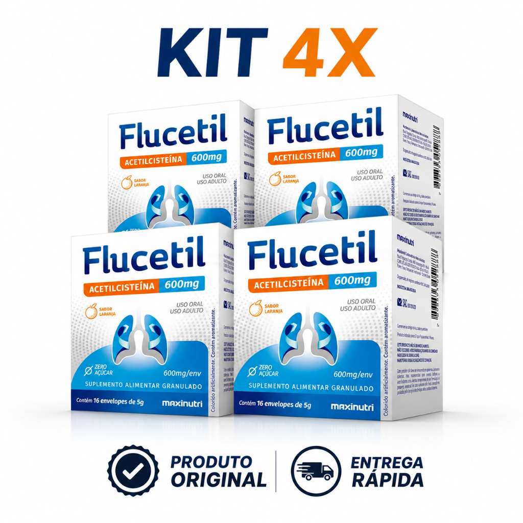 Kit 4 Flucetil Acetilcisteína 600mg 16 Sachês Sabor Laranja Original Envio Rápido
