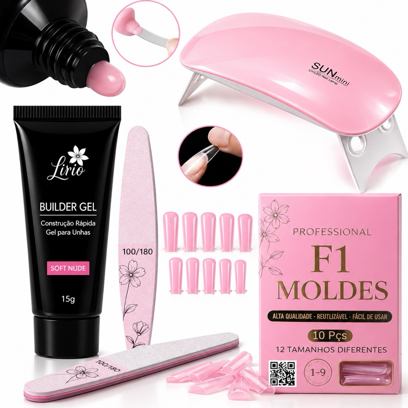 Kit Unha de Gel Completo Alongamento Manicure Sun Mini Cabine de Unhas F1 + Polygel + Lixa