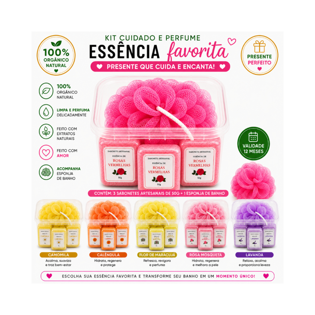 Kit Presente Sabonete Artesanal 3x50g + Esponja de Banho no Pote Orgânico Natural