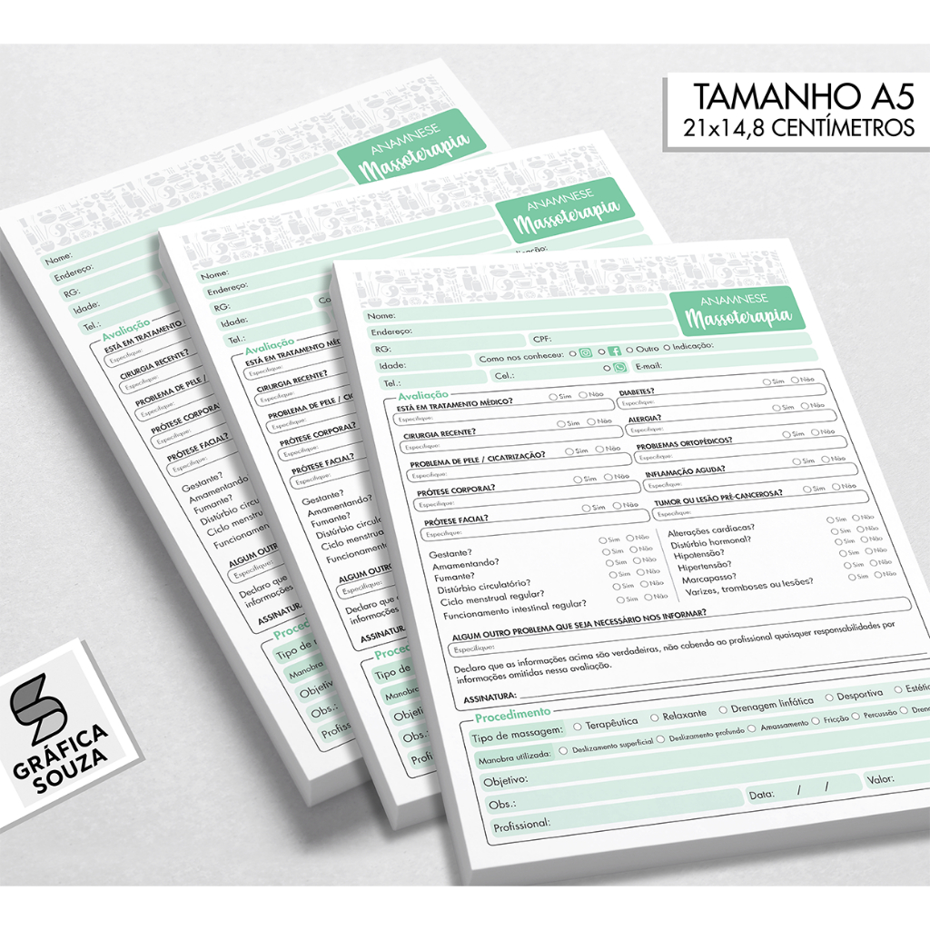 Ficha de Anamnese - Kit 3 Blocos 100 Folhas - Massoterapia Massagem