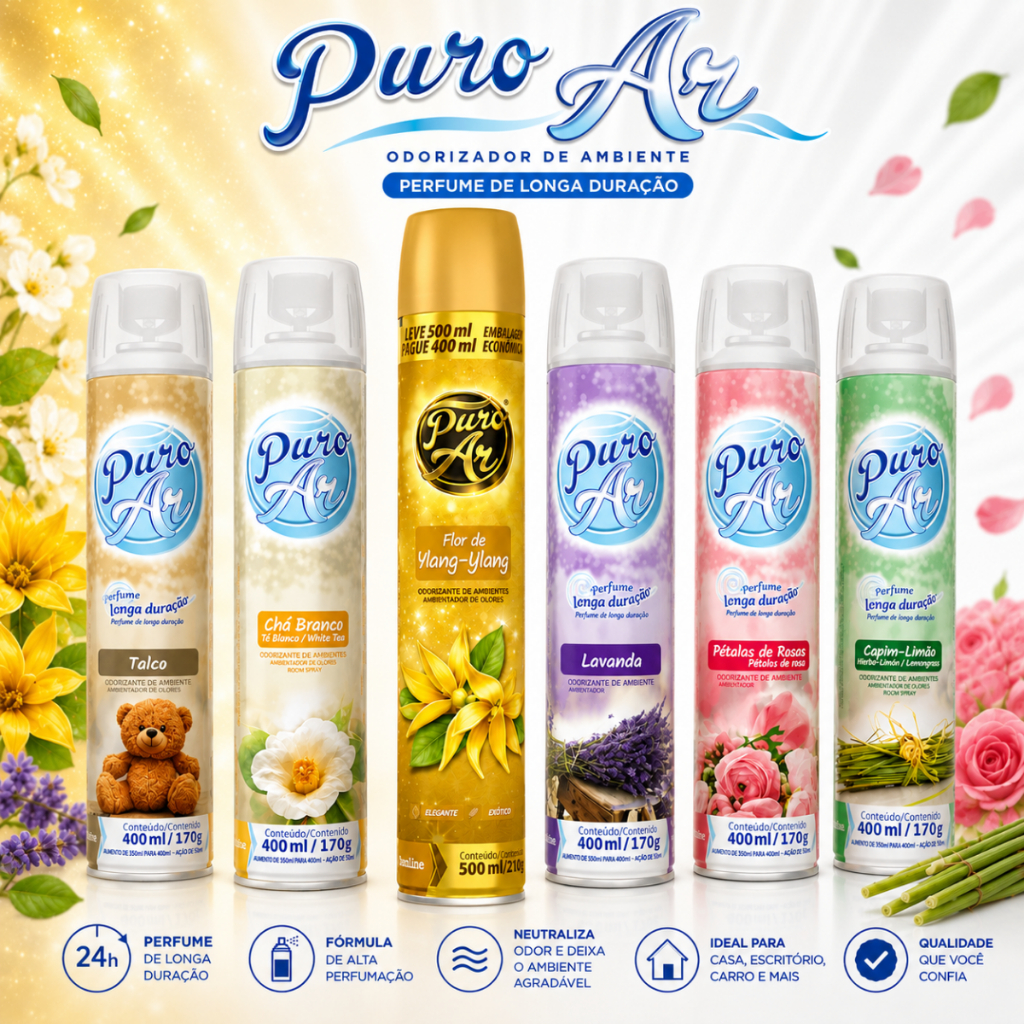 Odorizador Puro Ar 400ml Aromatizador Ambiente Premium Chá Branco Lavanda Talco Petalas Rosa Capim Limão FLor de Ylang