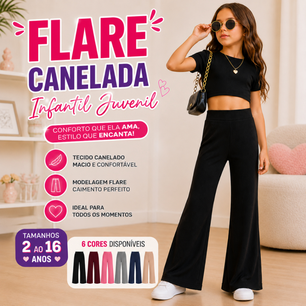 Calça Flare Infantil Canelada Menina Juvenil Moda Blogueira 2 ao 16 Confortável Tendência 2026