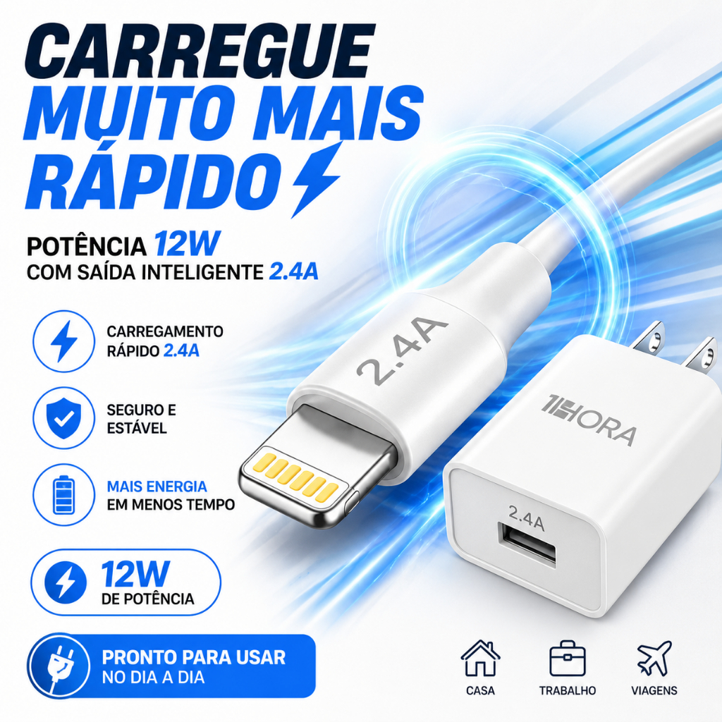Carregador Rápido iPhone 12W 2.4A Cabo Lightning USB Kit Fonte Turbo Apple
