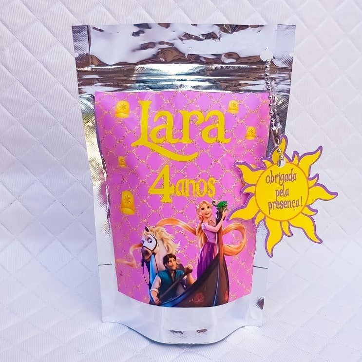 Saquinho Metalizado Zip Lock 10x15 ou 12x19 cm personalizado para lembrancinha aniversário RAPUNZEL