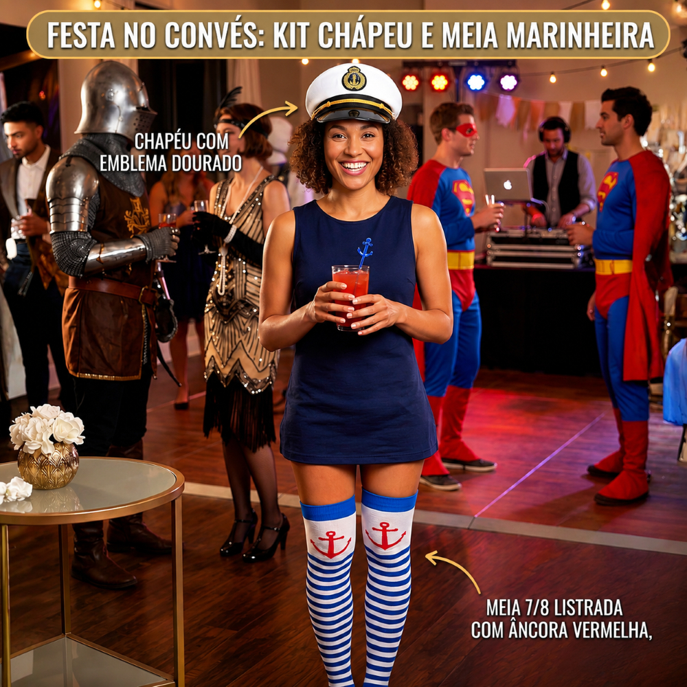 Kit Fantasia Chapéu De Marinheiro Quepe Adulto Meia 7/8 Longa Âncora Festa Temática Fantasia Carnaval