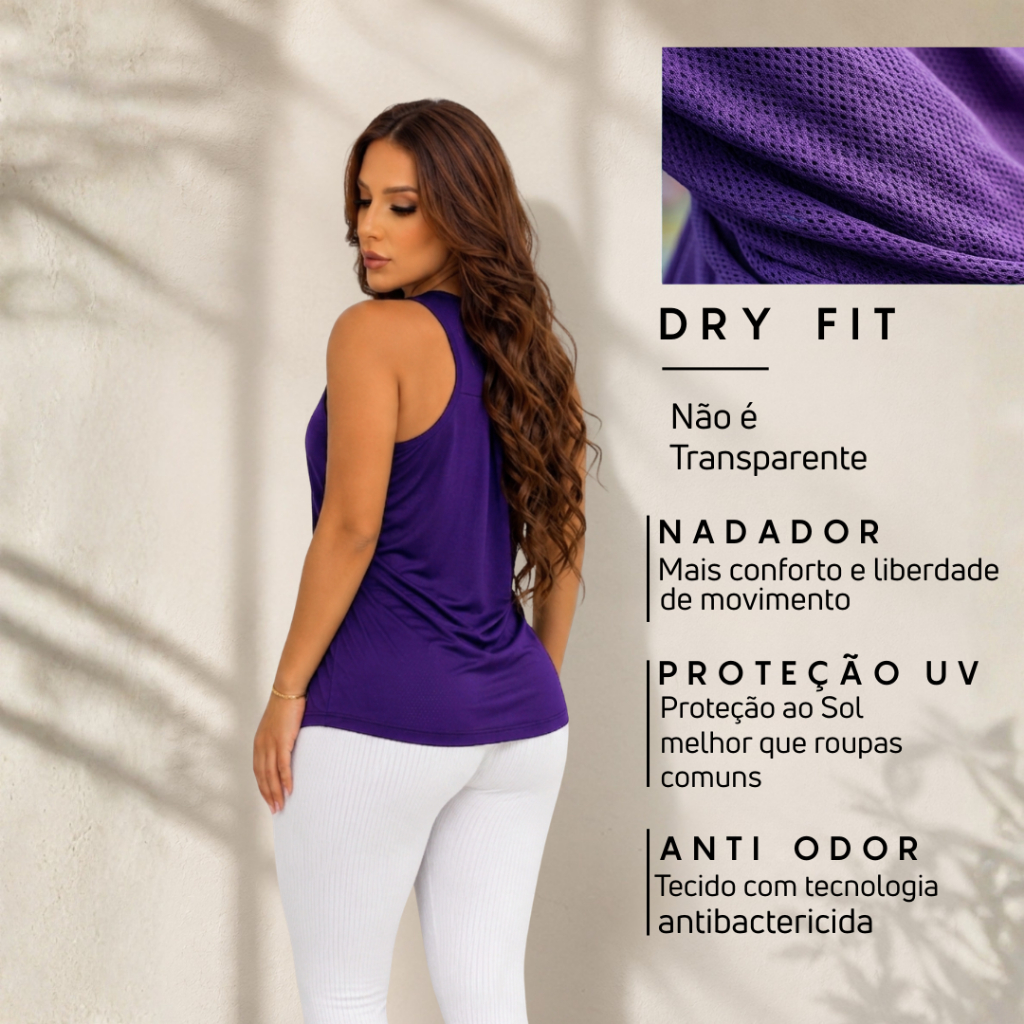 Detalhes do Regata DryFit Feminina Academia Costas Nadador Furadinha Leve Treino Caminhada Respirável