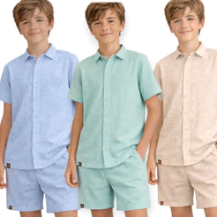 Conjunto Infantil Linho Camisa e Short Menino 2 Peças 2 a 14 Anos Menino