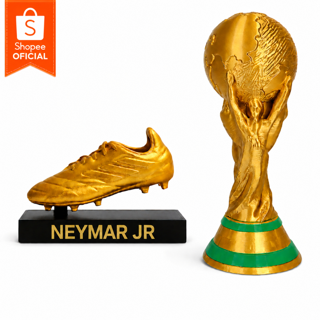 Kit Futebol Neymar Jr 10 | Taça Copa do Mundo + Troféu Chuteira de Ouro Personalizado | Decoração Premium Futebol Brasil