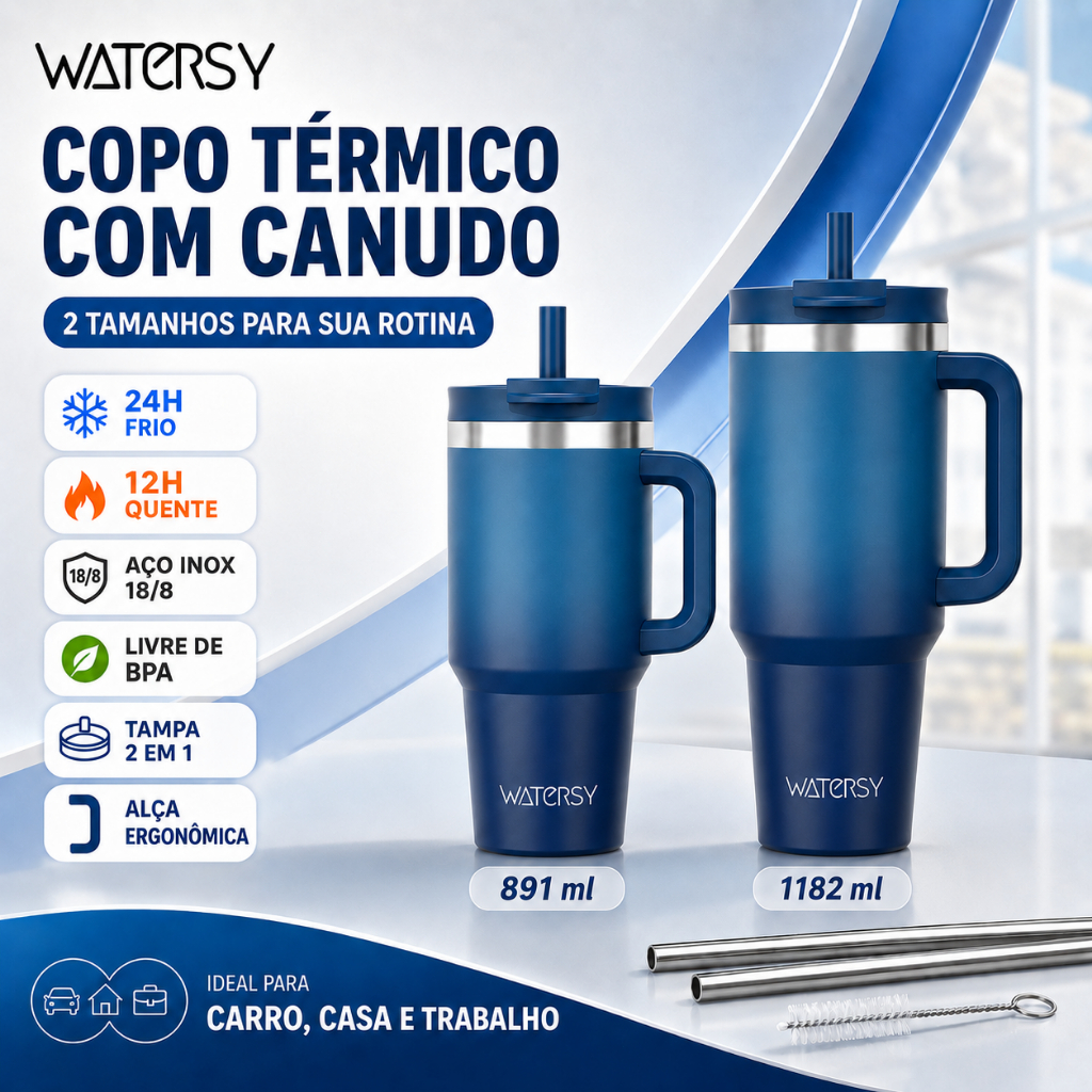 Watersy Copo Térmico 1182ml Inox 304 com Tampa e Canudo - Quente/Frio para Fitness e Escola