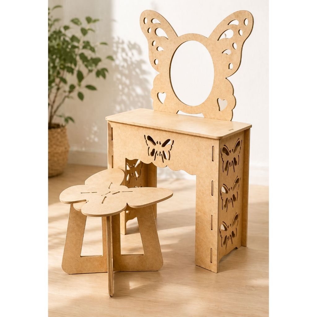 Penteadeira Infantil Borboleta com Banquinho Decoração para Quarto de Menina Mdf