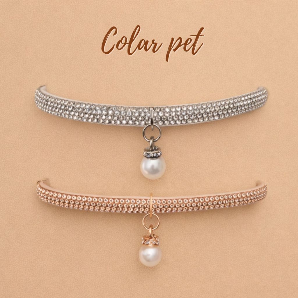 Colar coleira pet strass com pérola para gato e cachorro regulavel