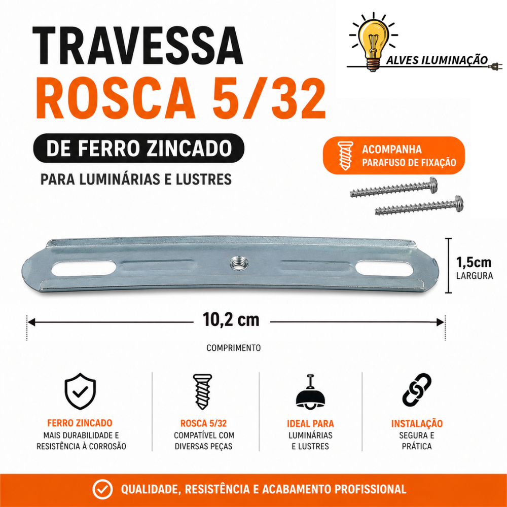 Kit 10 Travessas Pé de Galinha Rosca 5-32 de Ferro Zincado para Luminárias Pendente e Lustres com Fixação Completa