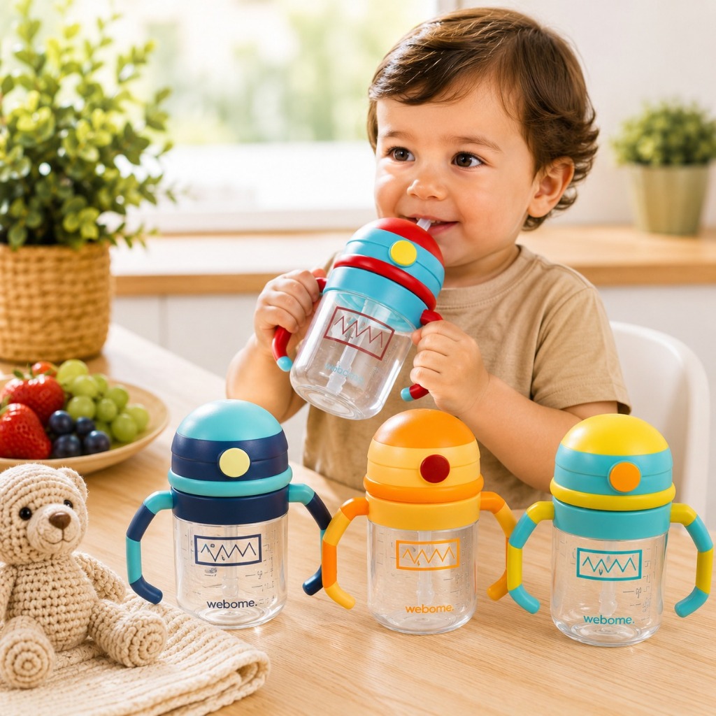 Garrafa Infantil com Canudo e Alça Antivazamento Colorida para Bebê