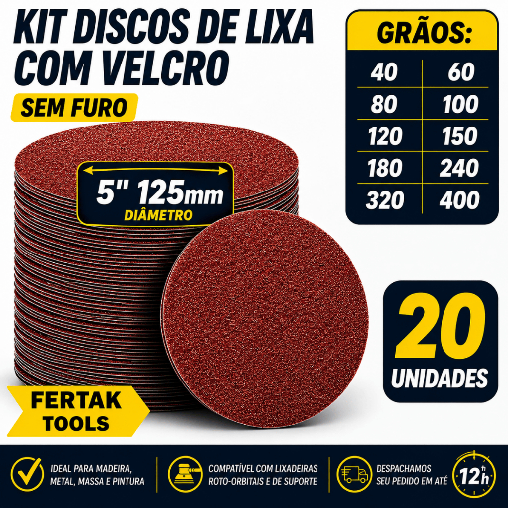 Kit 20 Disco Lixa Velcro Sem Furos Lixadeira Roto Orbital para Ferro, Metal, Madeira e Massa 125mm