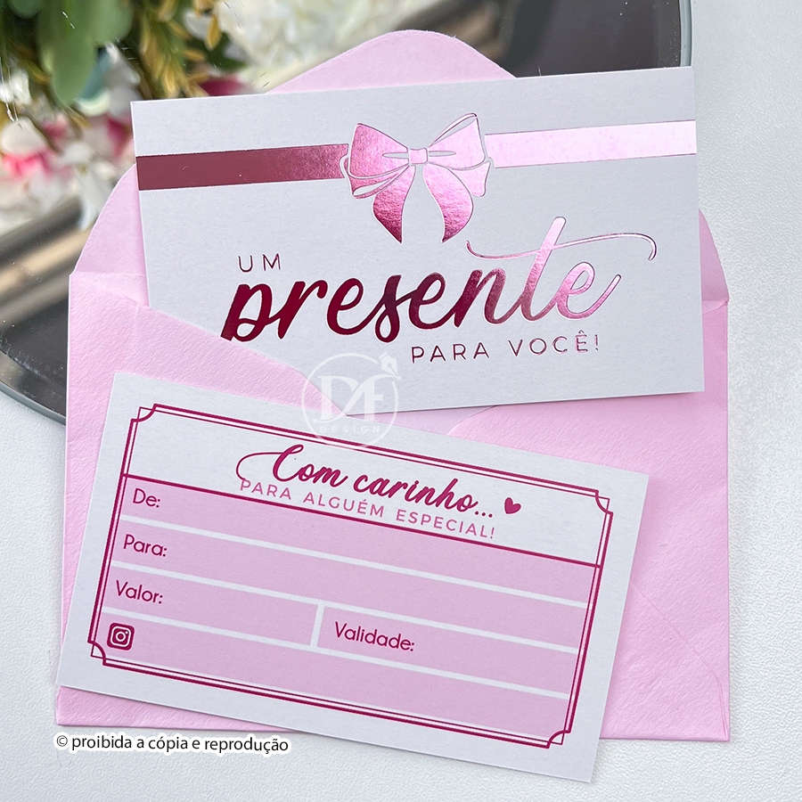 10 ou 25 Vale Presente com Envelope - Cartão presente Hotstamping
