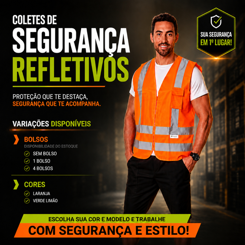 Colete Refletivo Com Ziper EPI Segurança Alta Visibilidade Com Bolso e Sem Bolso Verde e Laranja Do P ao XXXG