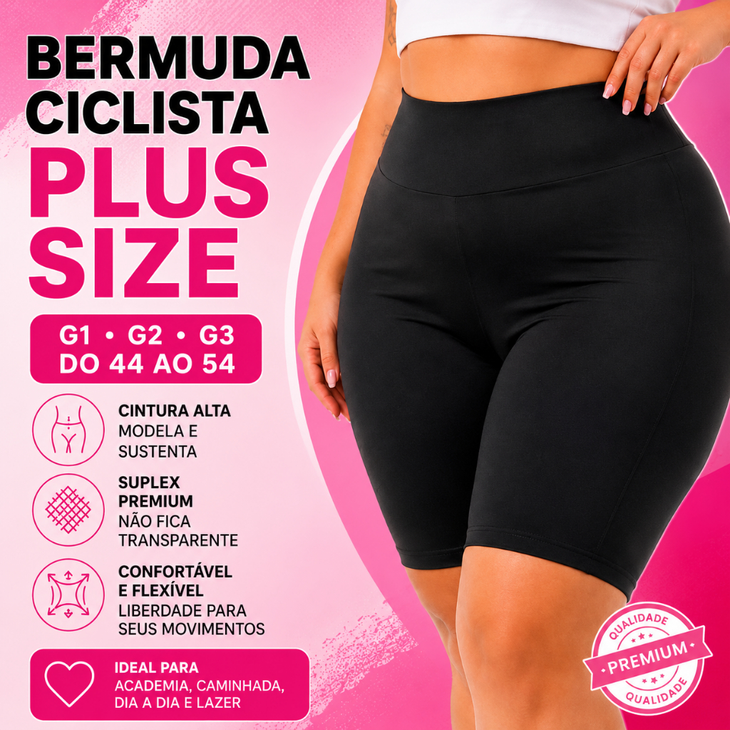 Bermuda Ciclista Plus Size Feminina Suplex Cintura Alta Academia G1 G2 G3 Não Transparente