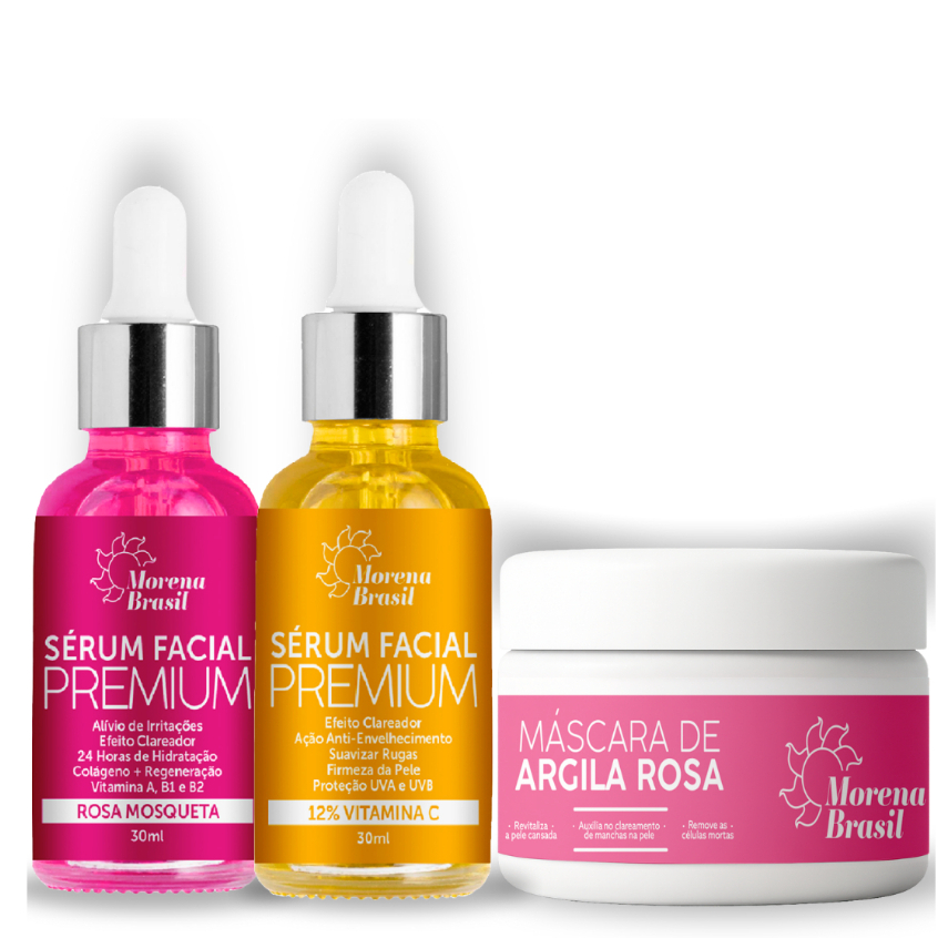 Kit Skin Care Completo - Sérum Facial Rosa Mosqueta +  Máscara Argila Rosa + Sérum Vitamina C-10