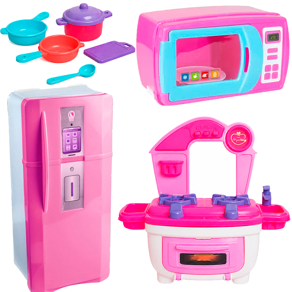 kit Cozinha Infantil Completa - Geladeira Duplex + Fogao Play Cooker com Panelinhas + Microondas -